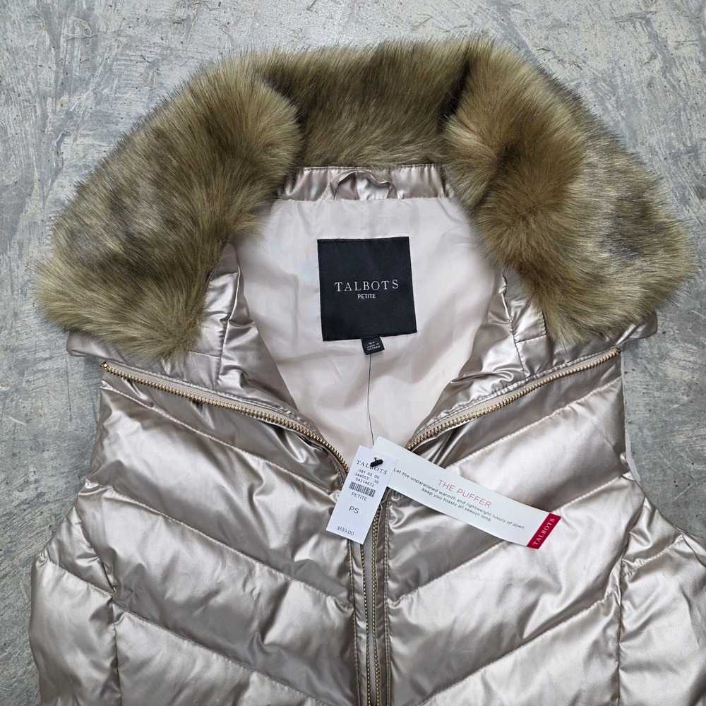 NWT Talbots Petite Puffer Vest Faux Fur Hood Metallic Champagne Gold Zip Pockets